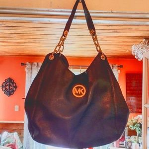 Michael Kors Blue Shoulder Bag With Gold Link Straps